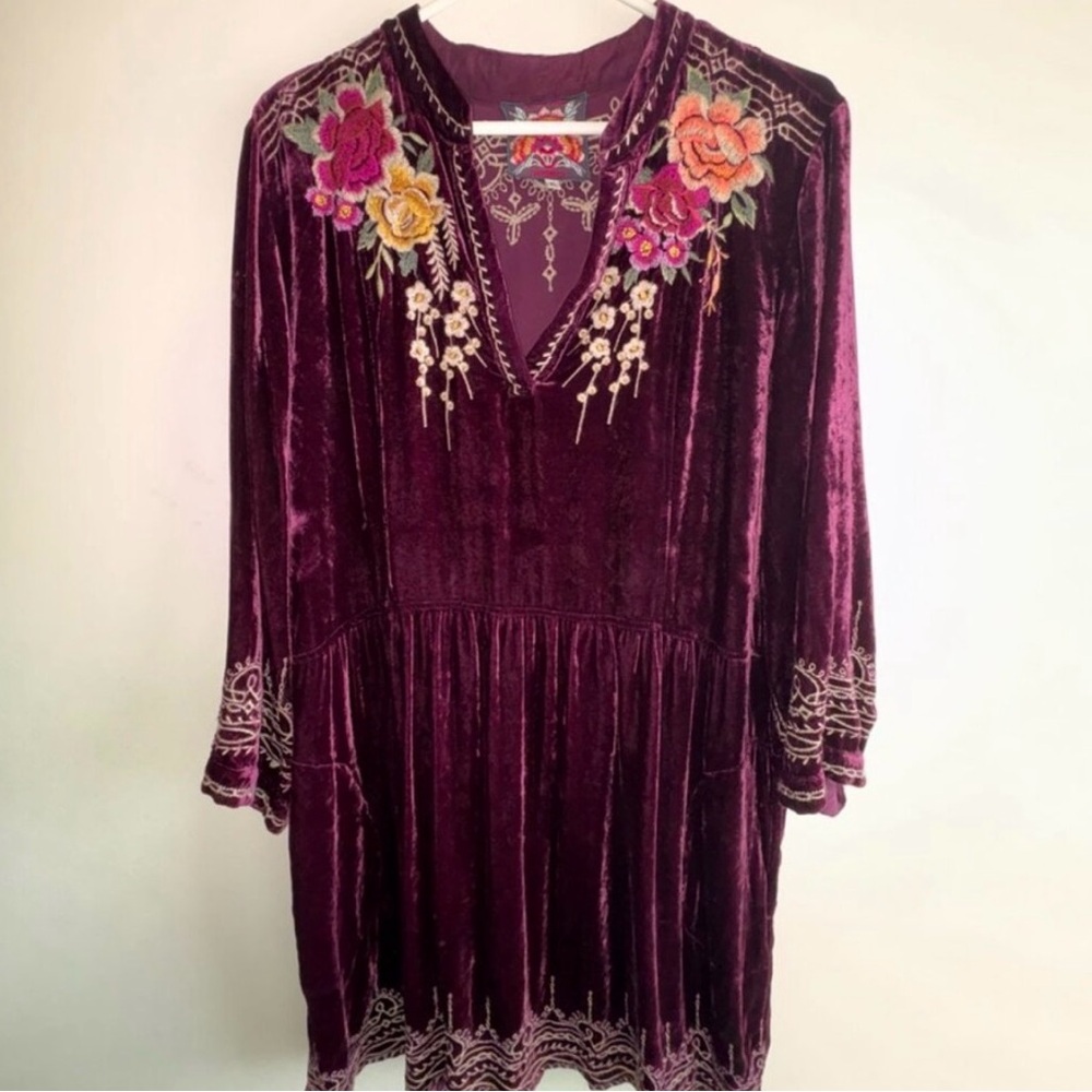 Johnny Was Magenta Velvet Dress with Floral Embroidery